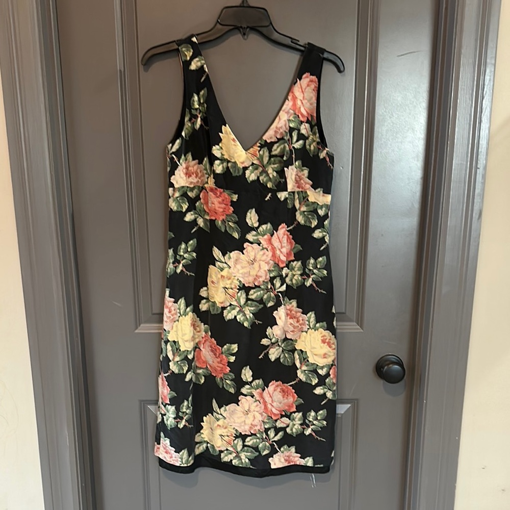 Vintage Mica silk floral Sleeveless V-Neck Sheath Mini Dress